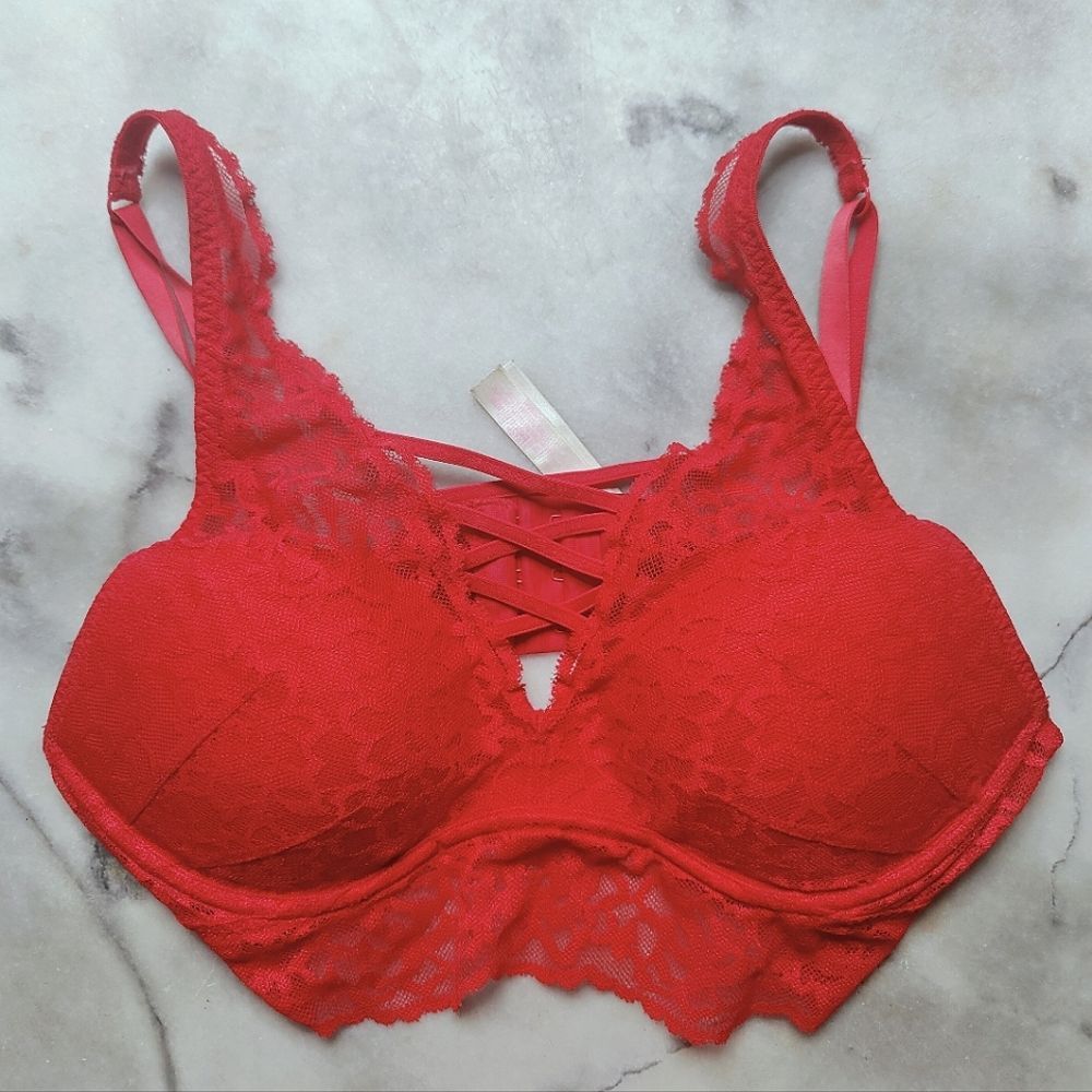 Victoria's Secret PINK Push Up Red Lace Bralette Cross Lace Front Detail, Sz S